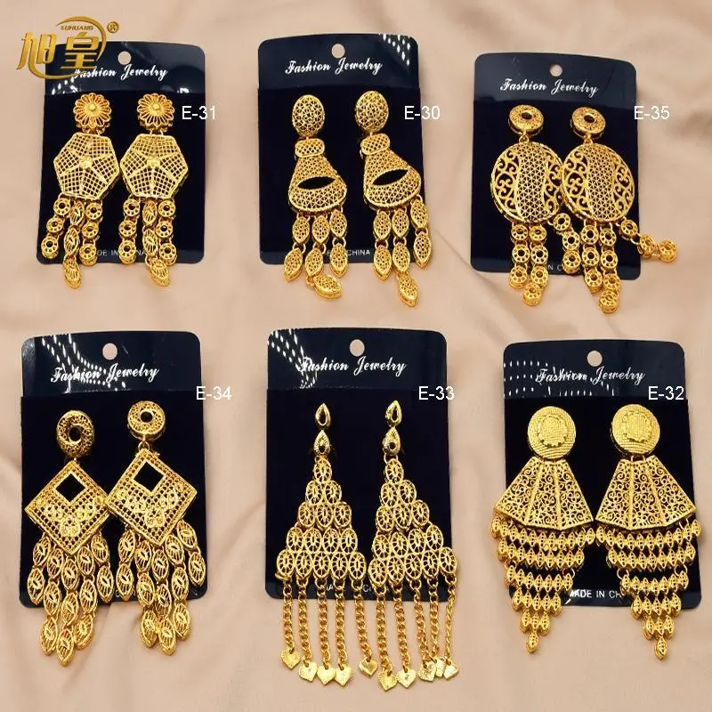 African Dubai Plated Drop Earrings, Women's Long Square Tassel Copper Pendants for Bridal Wedding Party Jewelry