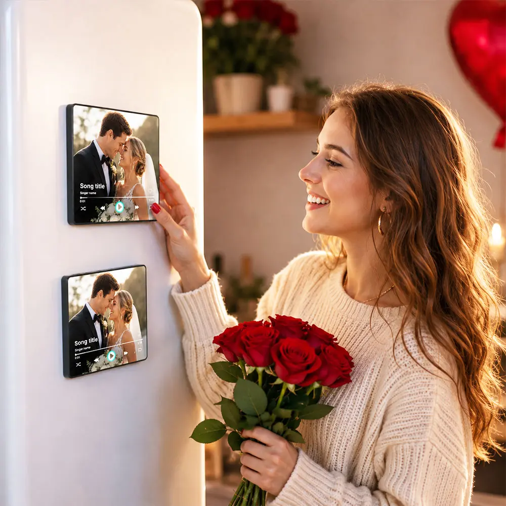 10x10cm Square Shape Magnetic Base Fridge Magnet - Customizable Spotify Plaque Photo Frame, Personalized Picture, Playable Favorite Song, Bluetooth Music Player, Storage, Fridge Decor, Anniversary Couples Gifts for Music Lovers