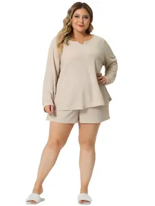 Agnes Orinda Plus Size Waffle 2 Piece Long Sleeved Top and Shorts Pajama Sweatsuits Sets