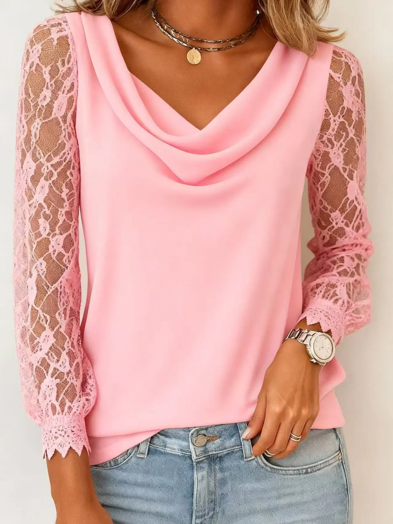 Women's Lace Patchwork Nine-Quarter Sleeve Top Babydoll Shirts Womenswear, Spring & Summer Chic Fashion Style Blouse, Elegant Loose-Fitting Design, Perfect for Everyday Wear