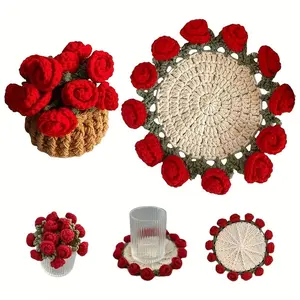 1PC, Rose Crochet Coaster + Storage, Floral decoration, Coffee Table & Desk Use, Coffee Corner, Handmade Cozy Texture For Home Decor Fans