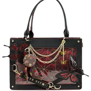 2025 Dark Style Maze Butterfly Pain Tote Bag with Spiderweb Design Durable Material Chain Detail for Fashion Girl Handheld Crossbody