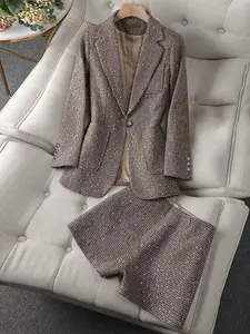 Women's Houndstooth Blazer 2025 Spring Fall New Casual Fashion Slimming Short Pants Suit Set Womenswear Trouser Fitted Long Sleeve Mixed Color Plaid