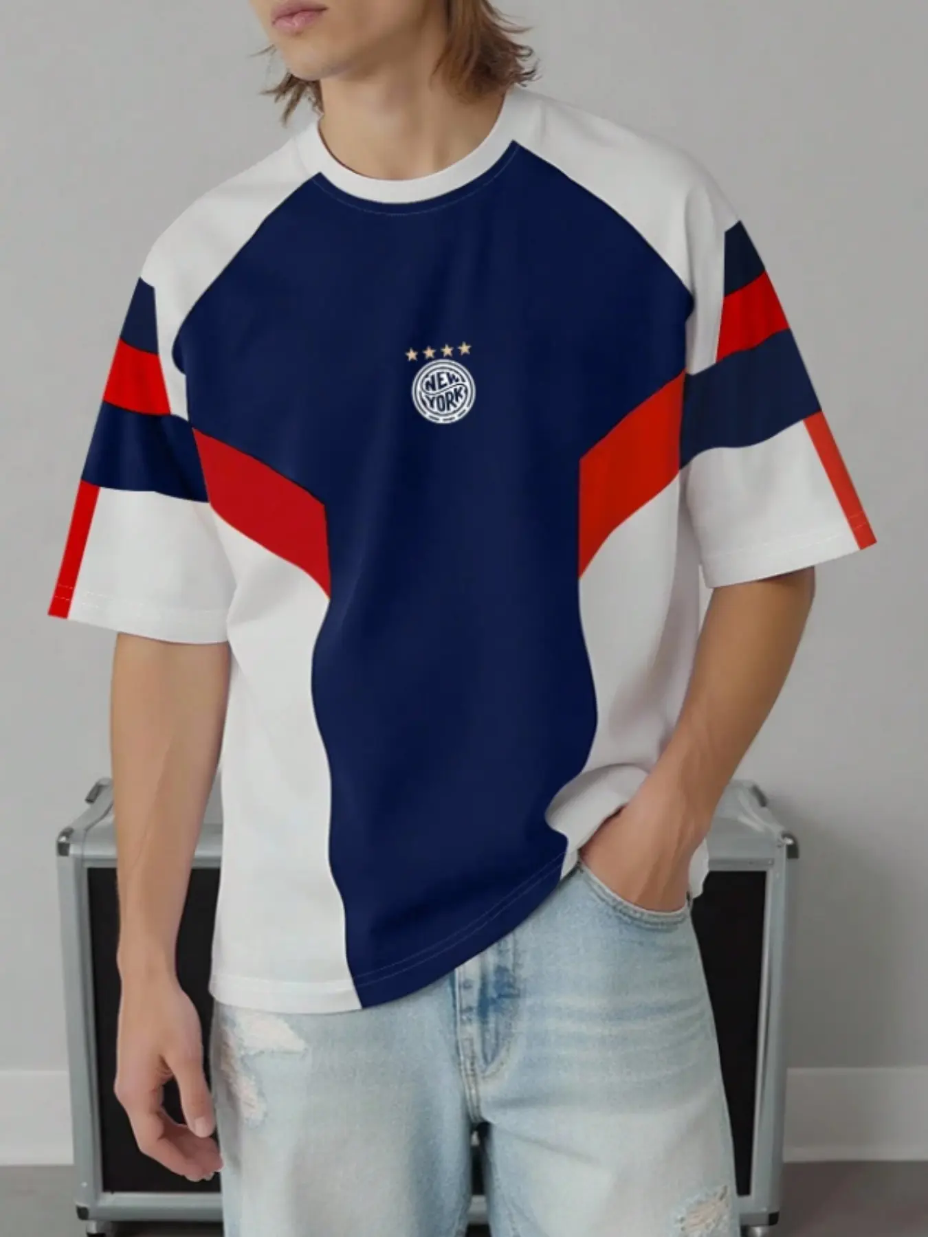 3D Digital Print Geometric Colorblock Short Sleeve Sports Casual Jersey, Fitted Long Clothing, All Seasons Wear, No Ca Prop 65