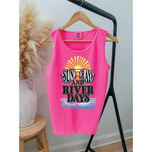 Sunrays and River Days  Neon Pink Comfort Color Unisex Graphic Tank Top