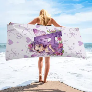 Purple Fairy & Letter Pattern Monogram Beach Towel - Cute Floral Fairy Bath Towel Blanket, Soft Pool Towel for Girls, Camping Towel for Beach, Pool, Bathroom, Birthday Gift for Daughter, Granddaughter, Kids & Fairy Tale Lovers