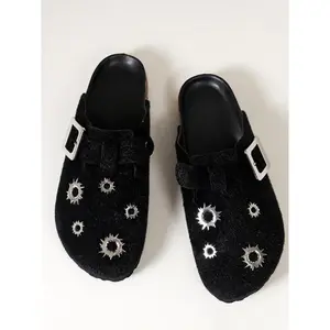 Women’s faux fur Bokken slippers, large size with a hole, thick sole, comfortable slip-on design, non-slip, unisex, suitable for indoor and outdoor autumn wear and as elevator shoes