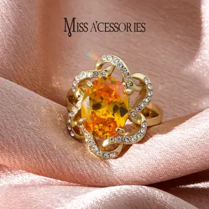 Oval Yellow Crystal Flower Ring | Sparkly CZ Floral Frame Gold Tone | Viral Citrine Look Statement Ring | Birthday Gift Idea | Timeless Evening Wear Jewelry