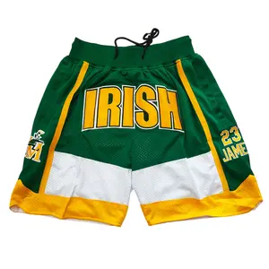Men's IRISH #23 JAMES Embroidered Basketball Shorts Mesh Breathable S-XXL Green White Gold Fitness Outfit Workout Clothes