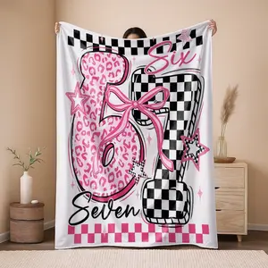 2D Flat Printing 1pc  Cute pink leopard print bow with the number 67 Pattern Printed  Blanket Flannel Fleece All Season Light Weight Living Room/Bedroom Warm Flannel Throw Blanket