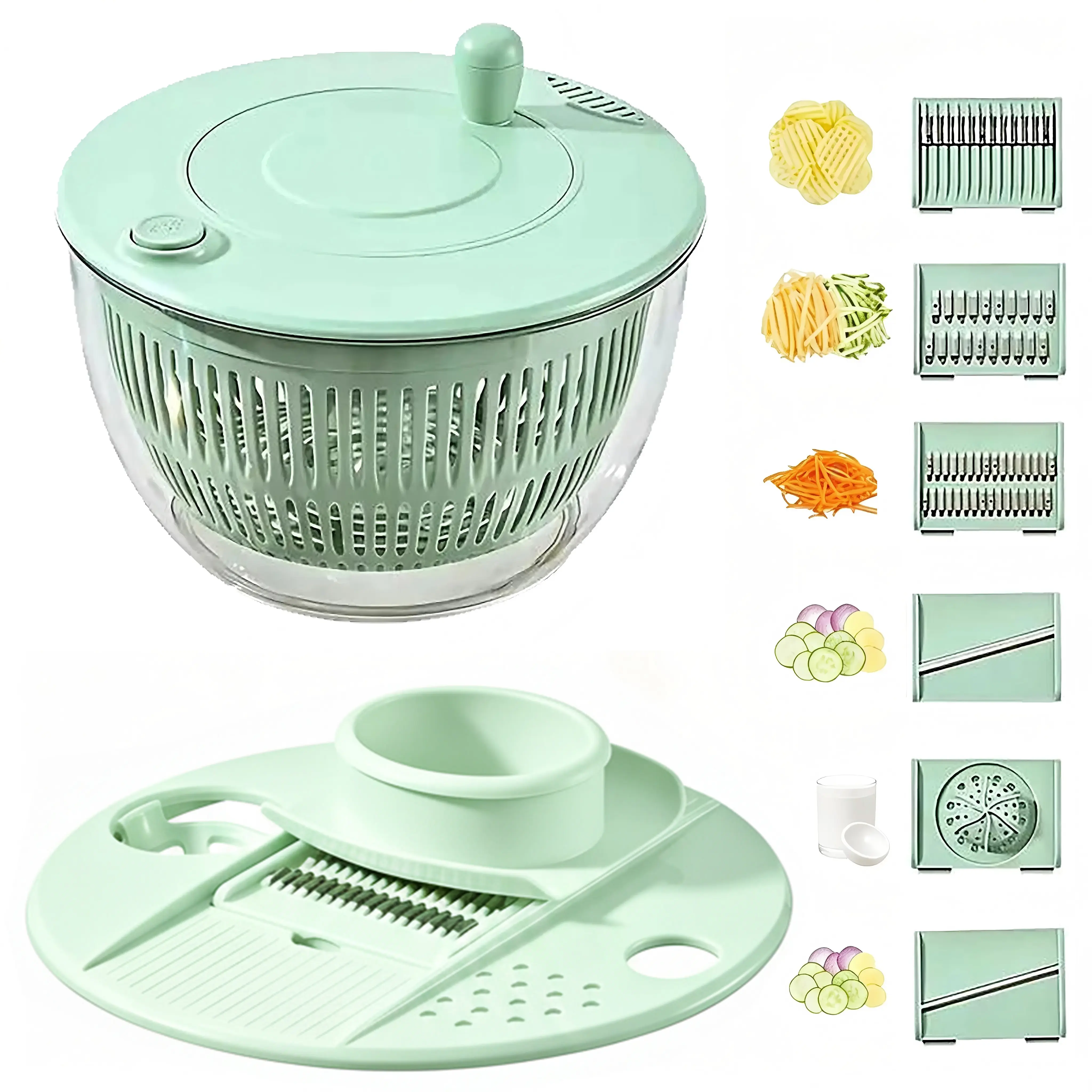 Salad Spinner Large, 3 IN 1 Vegetable and Fruit Washing Bowl with Strainer, Lettuce Spinner with 5 Blades Slicer, Egg Yolk Strainer, Salad Bowl for Efficient Salad Preparation, 5.3 Qt Kitchen Gadgets Set#SummerWins#DFYD#Back to School