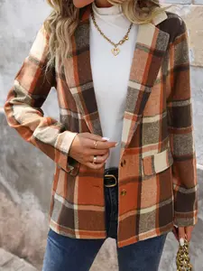 Women's Plaid Print Button Front Lapel Neck Blazer, Casual Long Sleeve Outerwear for Fall & Winter, Ladies Clothes for Daily Wear