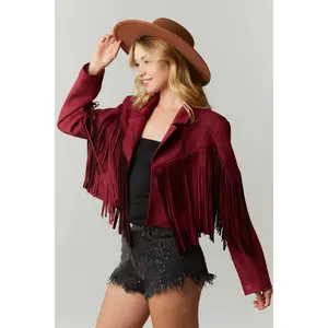 Wine Fringe Suede Jacket