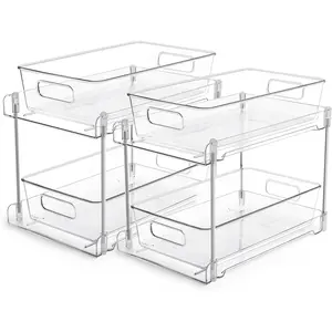 2 Tier Bathroom Storage Organizer, 2 Pack Clear Under Sink Organizers Vanity Counter Storage Container, Medicine Cabinet Drawers Bins, Pull-Out Organization with Track for Pantry, Kitchen Boxes