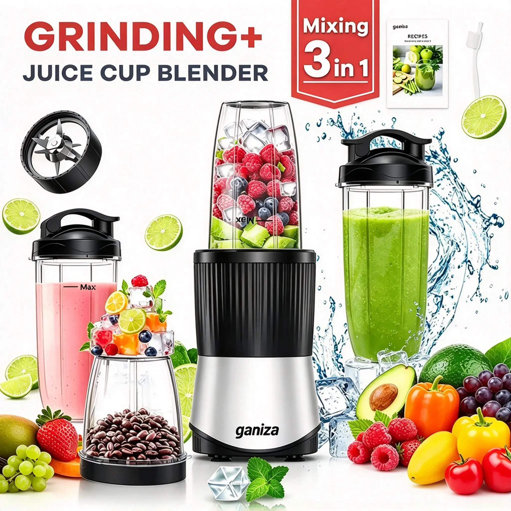 Ganiza Professional Stainless Steel Blender Processor - 900W Powerful Juicer Machine, 25000 RPM, 1.9L Kitchen Appliance, 4 BPA-Free Cups with Anti-Leak Lids, Lock-In Safety, Mess-Free Countertop Tool for Frozen Fruits/Ice, Dishwasher-Safe