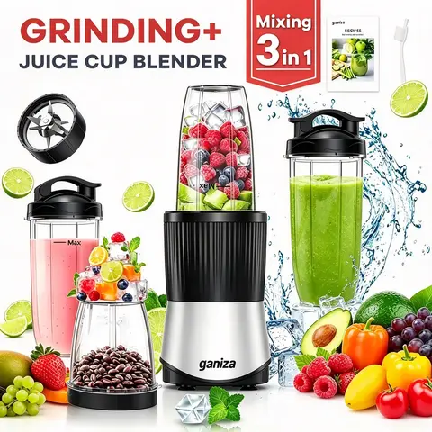 Ganiza Professional Stainless Steel Blender Processor - 900W Powerful Juicer Machine, 25000 RPM, 1.9L Kitchen Appliance, 4 BPA-Free Cups with Anti-Leak Lids, Lock-In Safety, Mess-Free Countertop Tool for Frozen Fruits/Ice, Dishwasher-Safe