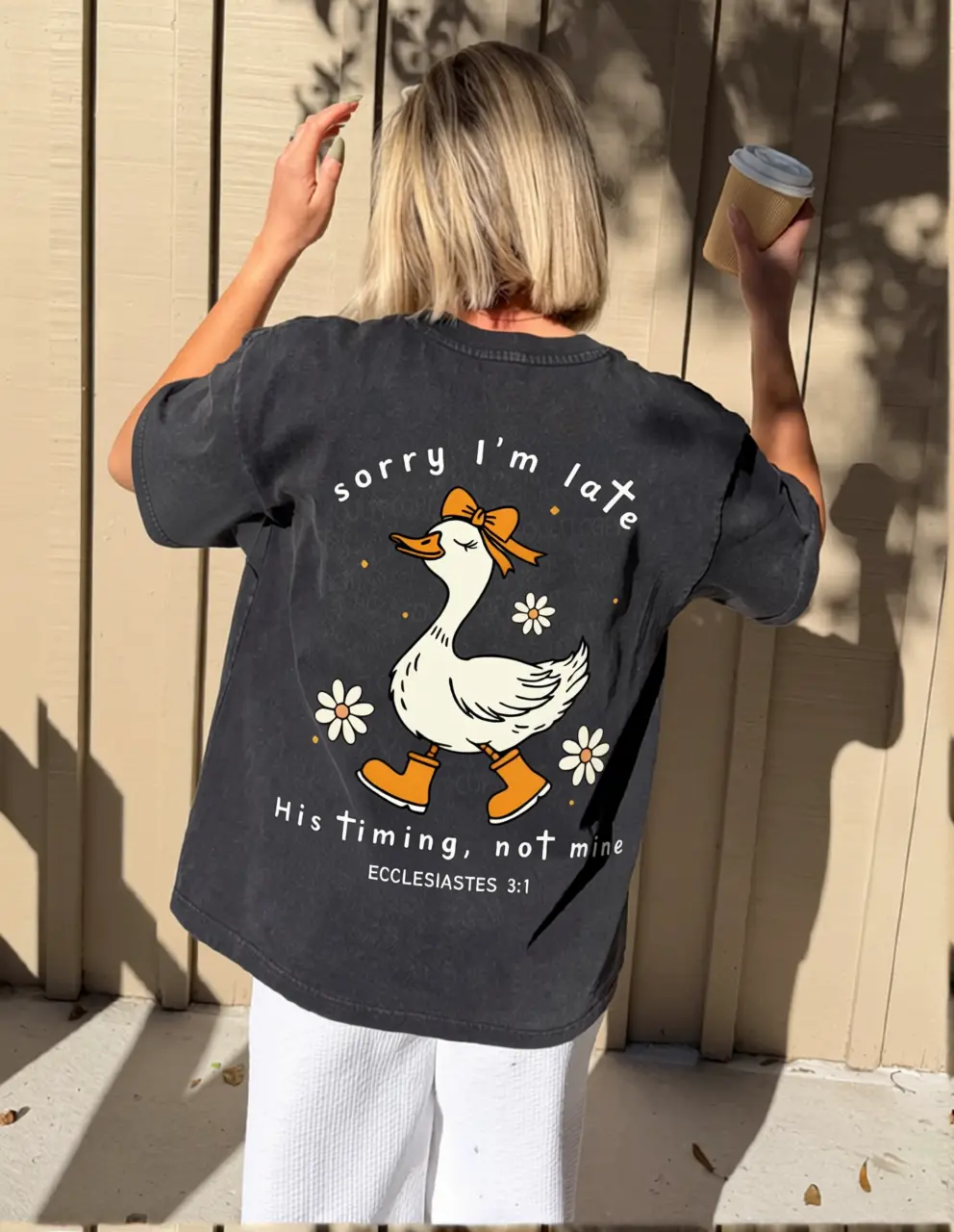 Women's Vintage Oversized Cotton T-Shirt, Casual Tops with Drop Shoulders, Unisex Cut, Faith Graphic "Sorry I'm Late His Timing Not Mine Ecclesiastes Goose", Heavyweight Boxy Fit Breathable Everyday Wear