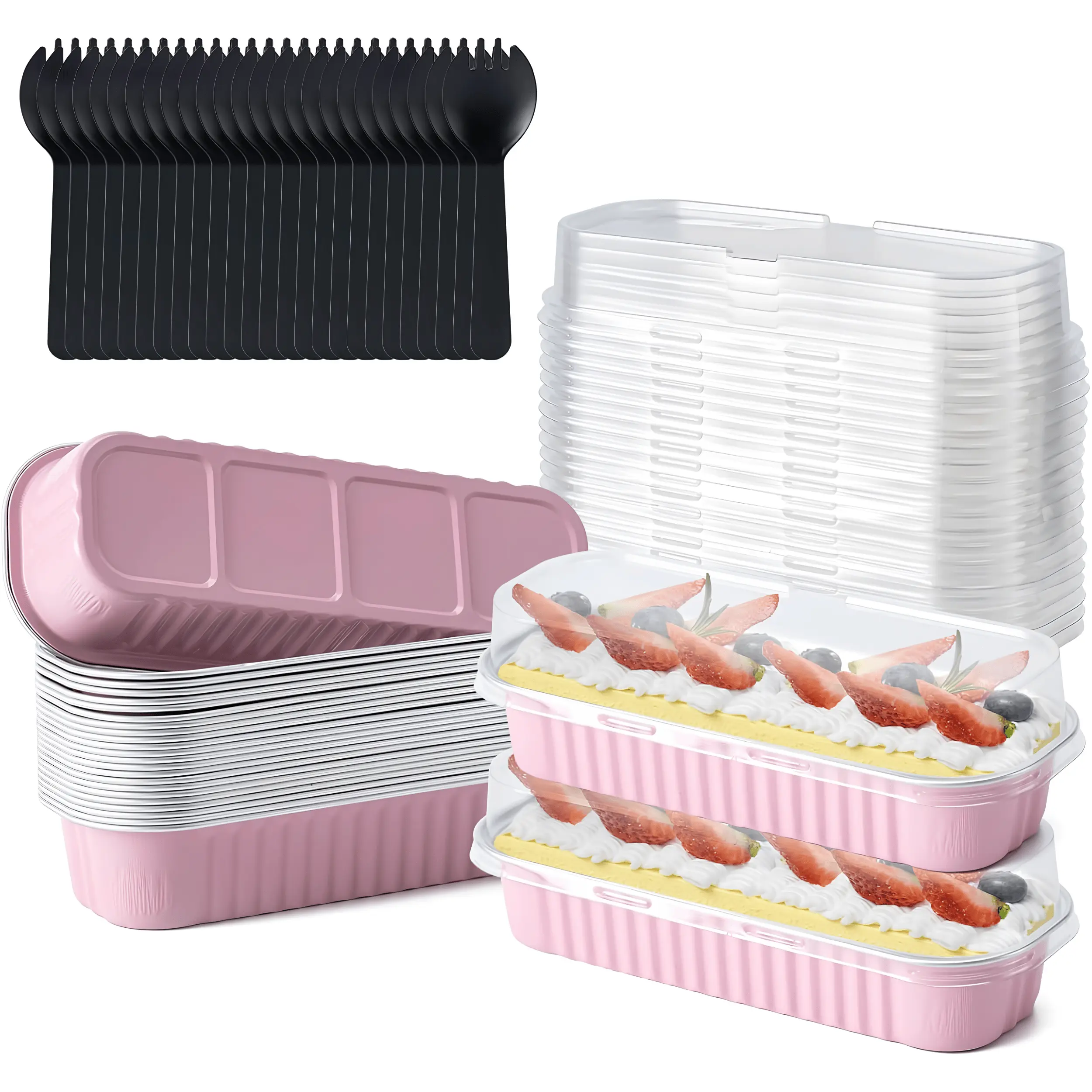 25 Pack Mini Loaf Pans with Lids & Spoons 6.8 oz Pink Disposable Aluminum Foil Baking Pans for Mini Cakes, Bread, Brownies, Cupcakes, Creme Brulee, Desserts & Party Favors, Food Storage Baking Containers