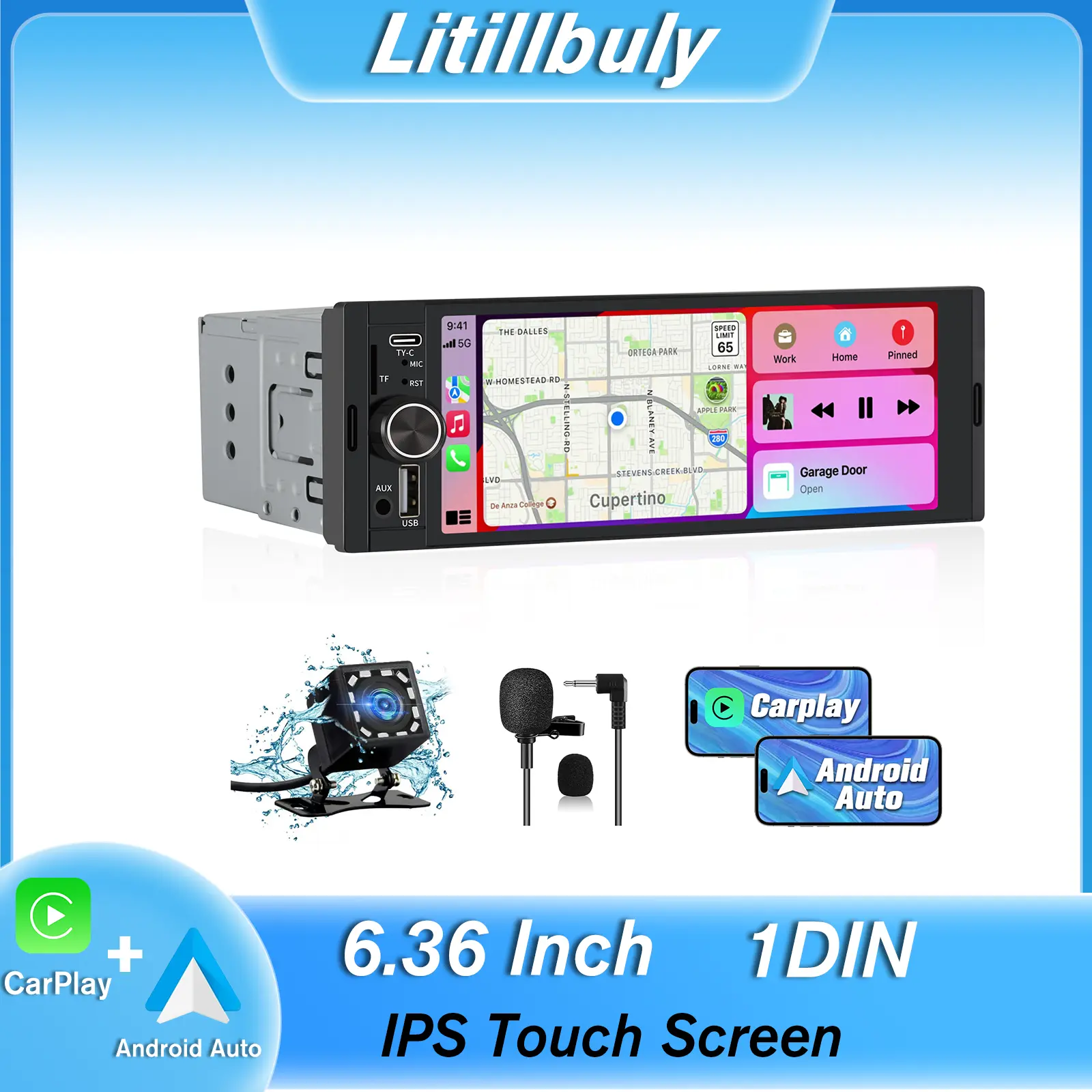 Universal Single Din Car Stereo with Wireless CarPlay & Android Auto, 6.36 Inch IPS Touch Screen Head Unit with Backup Camera/External Microphone, Car Radio Supports Bluetooth/SWC/FM/USB/TF