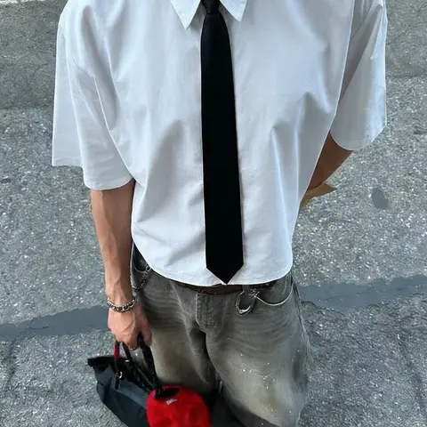 Men's New Summer Solid Color Versatile Short Sleeve Stand Collar Shirt, Tops, Detachable Tie, Street Style College Style Streetwear, Boyfriend Gift
