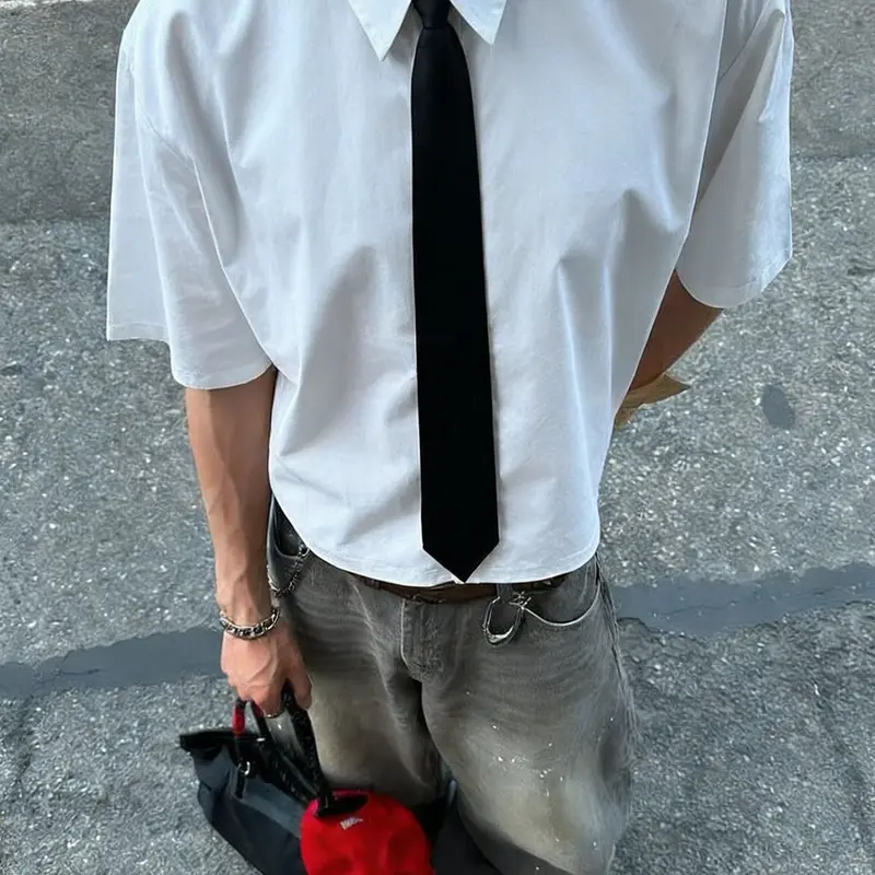 Men's New Summer Solid Color Versatile Short Sleeve Stand Collar Shirt, Tops, Detachable Tie, Street Style College Style Streetwear, Boyfriend Gift
