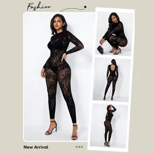 Suprenx Women's Exotic Leopard Lace Cut-Out Overalls - Feminine, Elegant, Sexy Pearl Beaded Off-Shoulder Longsleeves Bodycon Jumpsuit, Breathable Mesh Fabric, Flattering Fit for Lady's Night Out, Date Night
