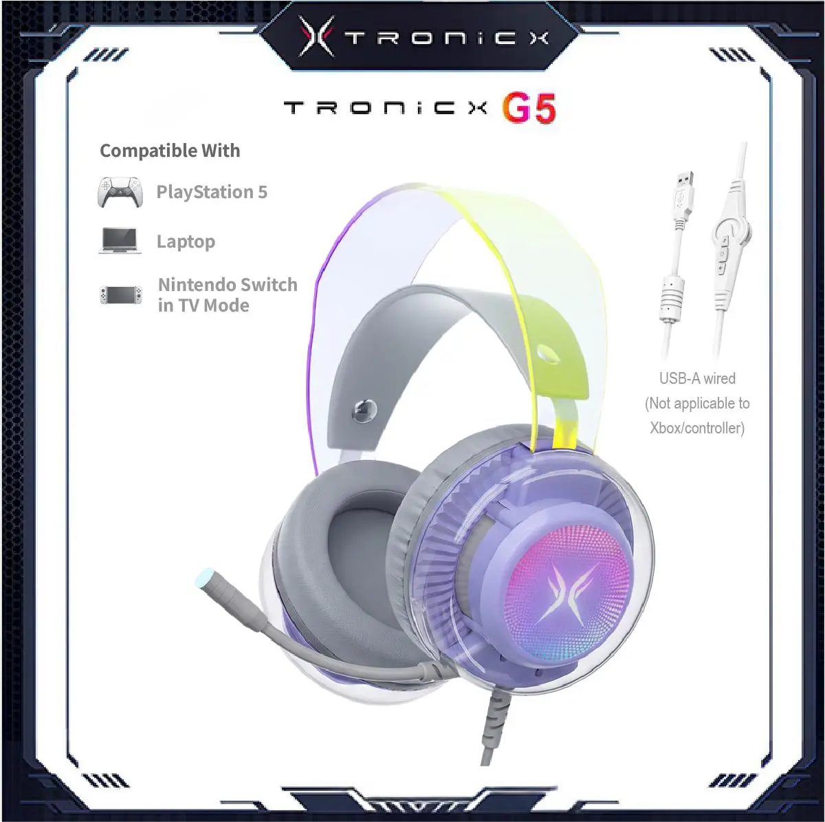 [Stock Up] TAGRY TRONICX G5 Wired Gaming Headset with 50mm Driver, ENC Microphone, USB Headset with 7.1 Surround Sound, Control Box for PS5/Switch in Dock Mode (Not Compatible with Xbox or Controller) for FPS Gamers tiktokshopbacktoschool, Headphone