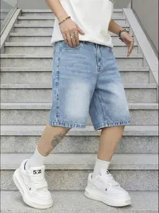 American Vintage Light Blue Plain Denim Shorts, Casual Fitted Style, Drawstring Waist, Pockets, Short Length, Men's Fashion Pants, Menswear