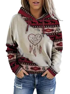 Women's Ethnic Pattern Heart Graphic Print Drawstring Hoodie, Casual Long Sleeve Drop Shoulder Hooded Sweatshirt, Ladies All Seasons Loose Fit Comfort Hoodie, Classic Ethnic Style Heart Print Pullover for Women All Occasions