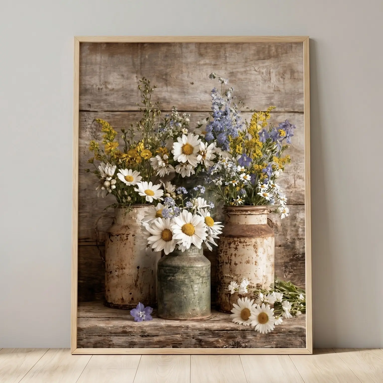 Unframed Rustic Farmhouse Wildflower Pitcher Poster, Vintage Daisy Botanical Wall Art Print, Country Cottage Aesthetic Home Decor for Living Room Kitchen