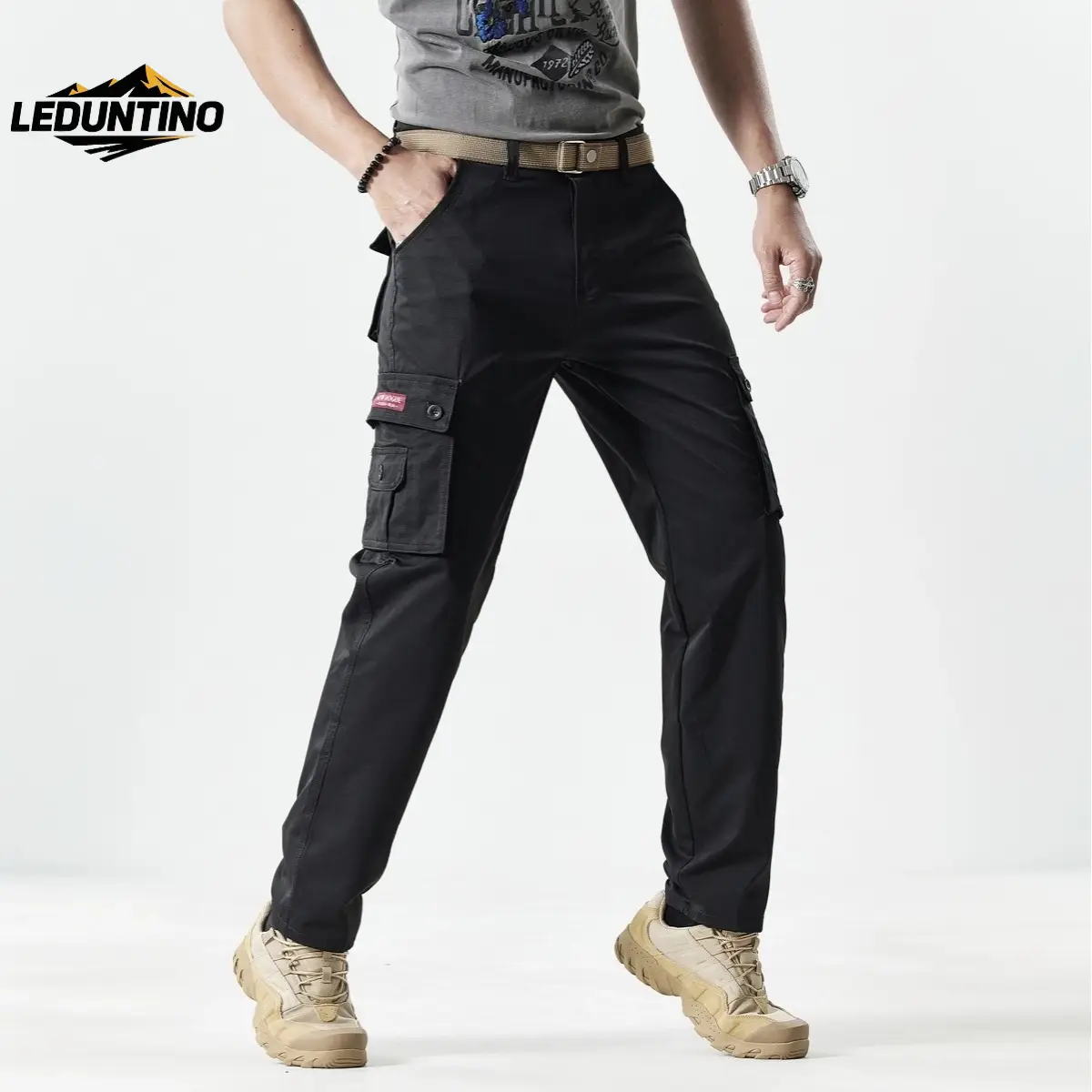 LEDUNTINO Men's solid-colored flight work pants are usually suitable for casual multi-pocket straight-leg pants and fashionable men clothing Menswear