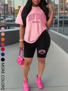 Women's Summer Short Sleeve Shorts Set, New York Print Casual Fitted Two-Piece, Comfortable Sportswear for All Seasons
