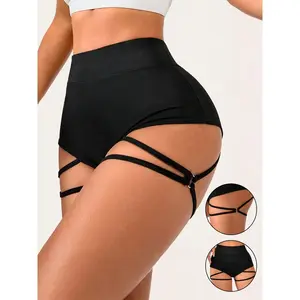Women's High Elasticity Sporty Shorts, Athletic Yoga Shorts, Side Lace-Up Design, Hollow Out Detail, Perfect for Fitness Yoga, Concerts, Music Festivals, Women's Clothes, Clothes For Women