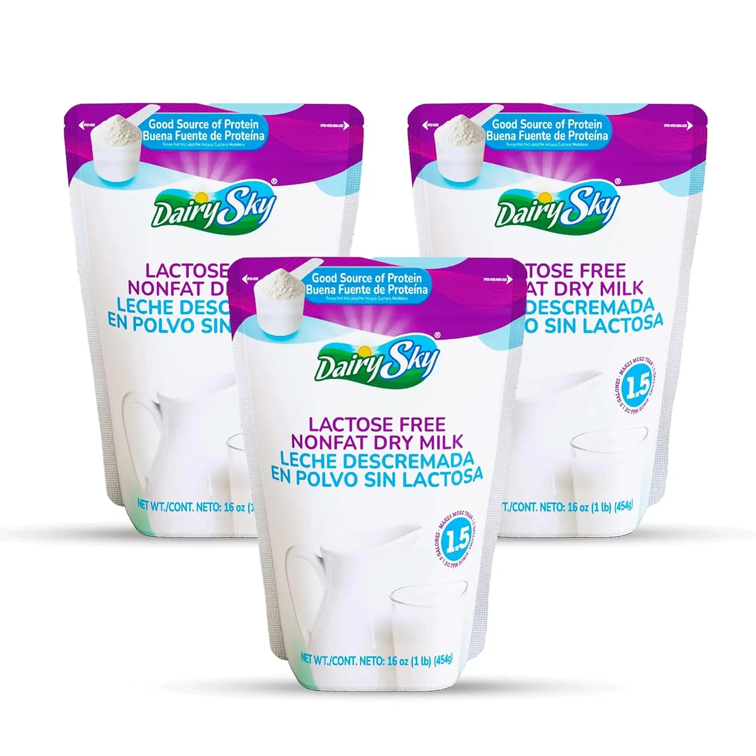 DairySky Lactose Free Milk Powder 16 Oz - Non GMO Fat Free Powdered Milk for Baking & Coffee, Kosher with Protein & Calcium, Great Substitute for Liquid Milk, RBST Hormone Free - 3 Pack