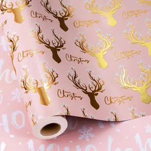 Christmas Wrapping Paper, Girly  Wrapping Paper, Reversible Elegant  and  Reindeer Girl Christmas  Wrap with Metallic Shine for Winter Holiday (Mini Roll, 17 Inch X 33 )