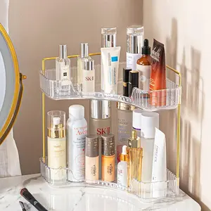 Corner Bathroom Counter Organizer 2 Tier, Space-Saving Vanity Makeup Organizer Shelf, Perfume & Skincare Storage Tray, Bathroom Countertop Corner Rack for Bathroom & Bedroom (White)