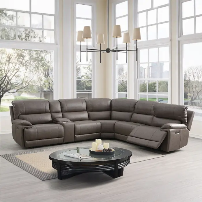 Acme LV04270 6-Piece Kantu Brown Faux Leather L-Shape Power Sectional Sofa - Modern Indoor Living Room Furniture with Adjustable Headrests, Cup Console, USB Charging Ports
