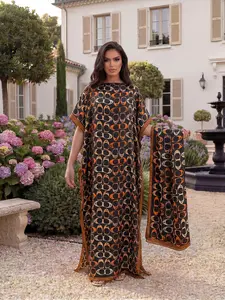 Women's Elegant Geometric Print Casual Robe Set, Fitted Long Dress & Headscarf Scarf, Beach Sun Protection Satin Silk Shawl