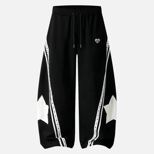 Aelfric Eden Star Patch Stripe Drawstring Sweatpants Black & White Contrast Oversized Barrel Silhouette Unisex Streetwear Pants Aelfric Eden Star Patch Stripe Drawstring Sweatpants Black & White Contrast Oversized Barrel Silhouette Unisex Streetwear Pants