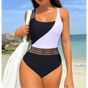 Elegant Women's One-Piece Swimsuit with Removable Pads - High Stretch, Square Neckline, Mesh Detail, Machine Washable