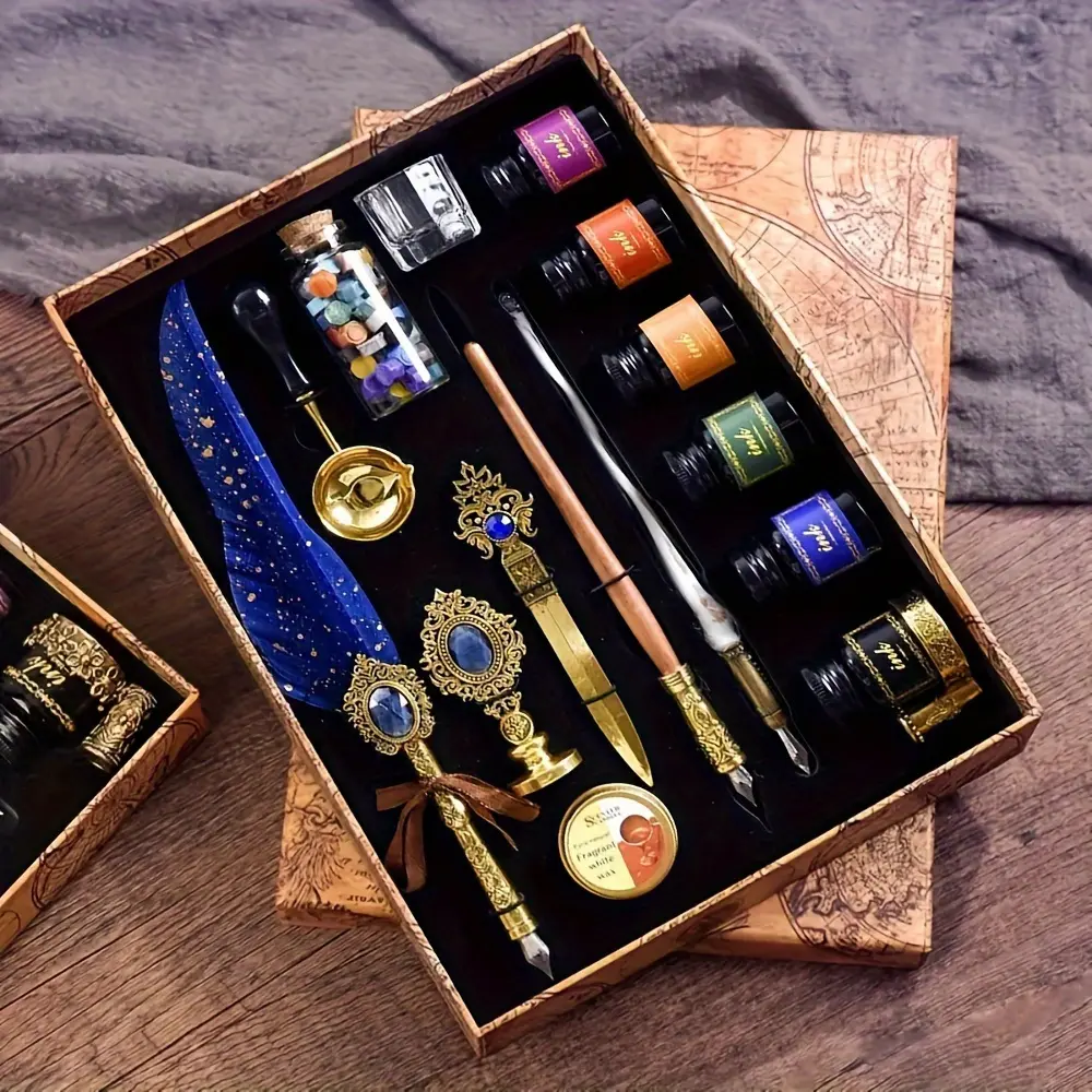 Halloween Gifts Vintage Quill Pen Set Calligraphy Painting Pen Glass Dip Pen Letter Opener Feather Pen Set Seal Wax Set Birthday And Holiday Gift, Back to School/Prizes/School Gifts, Fancy Pens, Ink Pens for Writing, Writing Pen, Reusable Pen, Unique