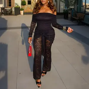 ChicMe Women's Foldover Off Shoulder Long Sleeve Tied Detail Lace Overalls Sexy Ruched Wedding Guest Flared Wedding Jumpsuit