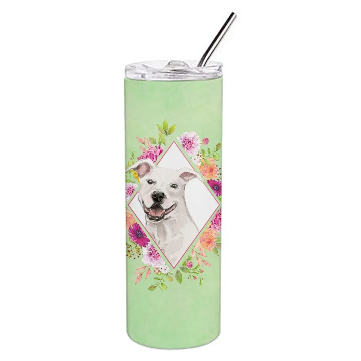 Carolines Treasures CK4428TBL20 20 oz White Pit Bull Terrier Green Flowers Double Walled Stainless Steel Skinny Tumbler