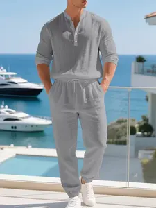 Men's Spring Summer Long Sleeve Knit Set, Stand Collar Top, Drawstring Pants, Comfortable Casual Daily Wear, Perfect for Commuting