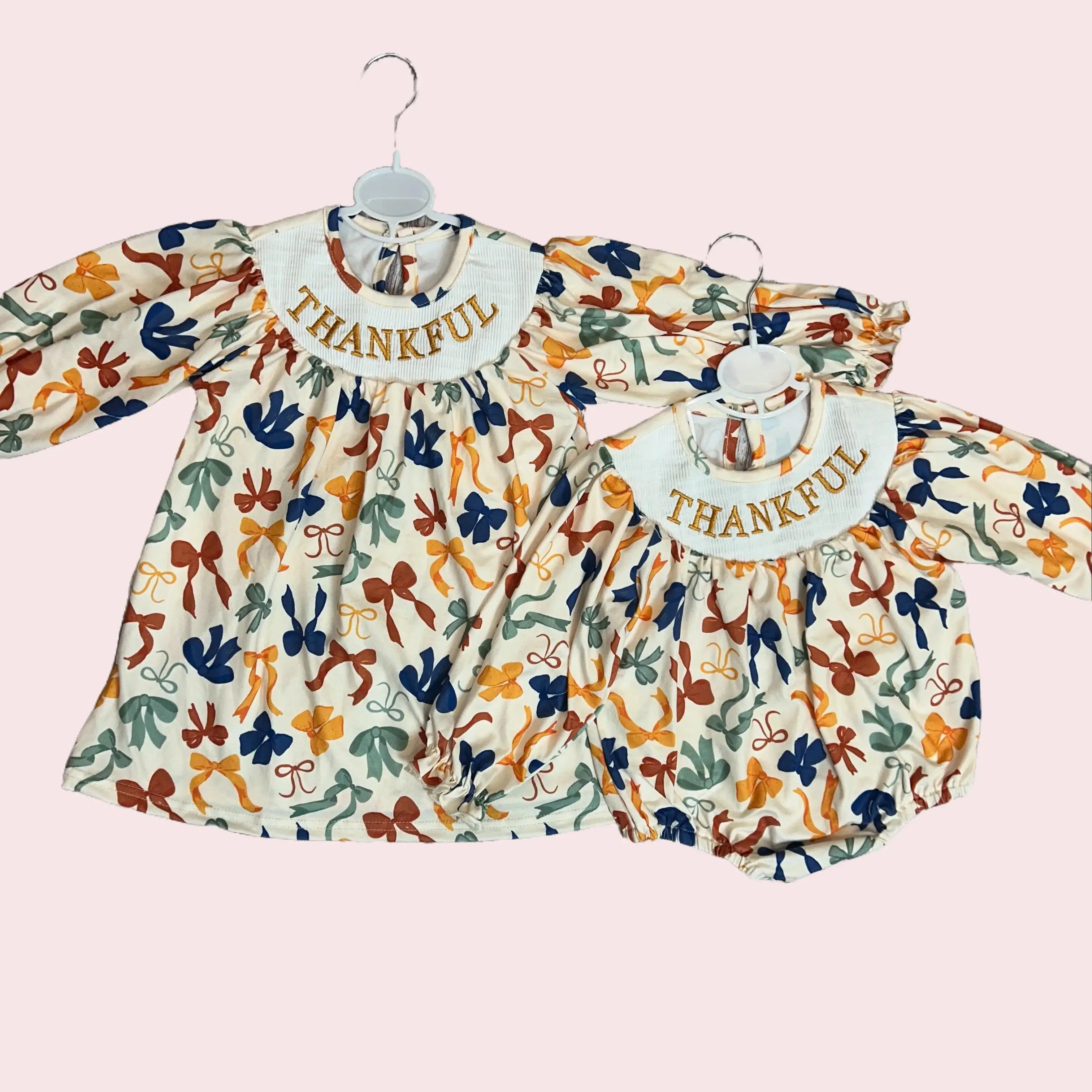 Girls' 2-Piece Matching Sister Outfits - Smocked Floral Printed Dress & Cotton Long Sleeve Baby Bubble Romper, 95%Cotton Kids' Fashion Set