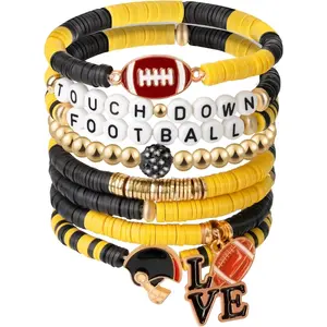 Football Bracelets for Women Men, Hypoallergenic Clay Beaded Stretch Bracelets, Stackable Sports Fans Charm Bangles, Football Mom Accessories Football Gifts