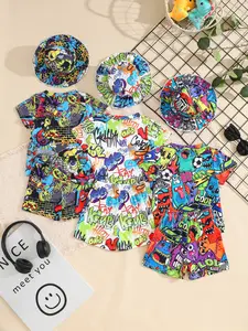 9-Piece Summer Boys' Clothes Cartoon Print Short Sleeve Set, Includes Sun Hat, Beach Style Multicolor, Casual Fitted Shorts