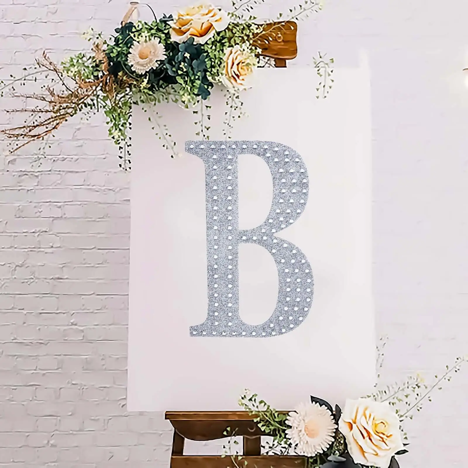 8" Silver Glitter Rhinestone Alphabet "B" Letter Stickers - Adhesive DIY Ornaments for Scrapbooking, Craft Embellishments