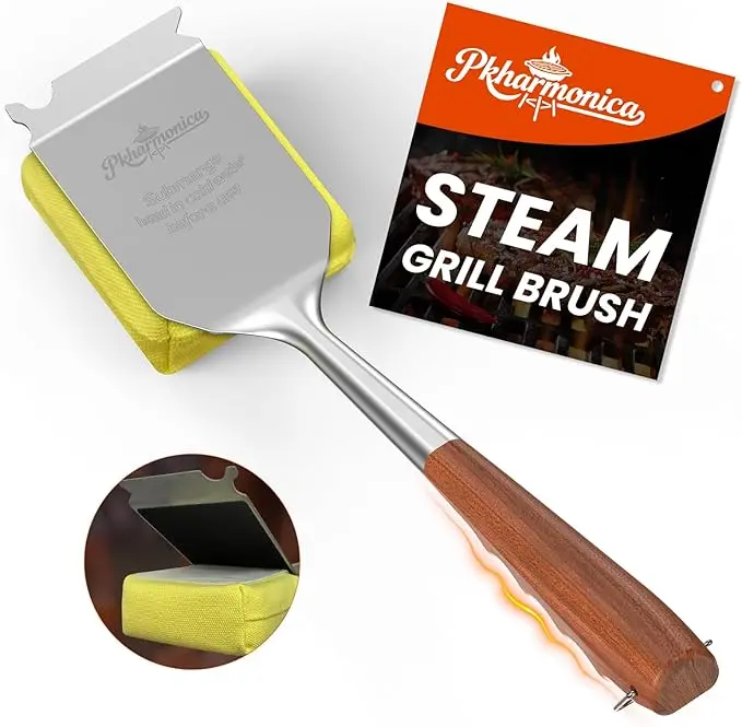 Bristle-Free Grill Brush with Scraper - Reusable Rosewood Wooden Handle Barbecue Accessory, 3Notch Grease Pull & Corner Grease Lift Utensil with Hanging Hole for Porcelain, Cast Iron, Stainless Steel Grates & Griddles