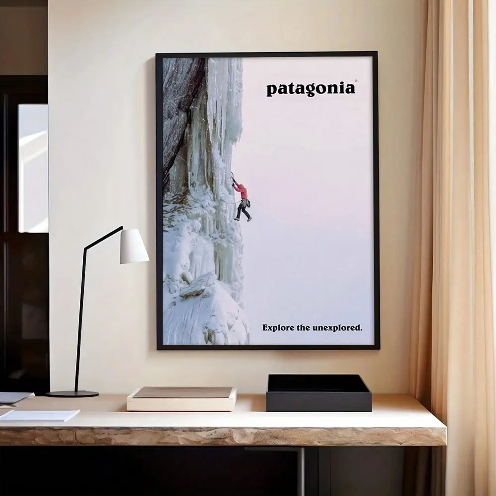 2D flat print canvas wall art poster print gift featuring an ice climber on a frozen waterfall with inspirational adventure quotes; versatile wall hanging decor for man caves, entryways, offices, outdoor lovers’ homes, and interior family wall art.
